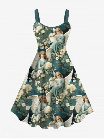 Plus Size Renaissance Angel Flower Wings Print Backless A Line Tank Dress - GREEN - S