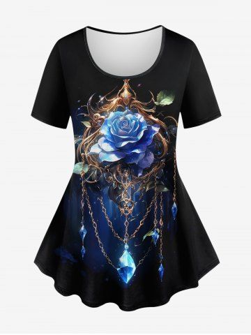 T-shirt 3D Rose Chaîne et Diamant Imprimés de Grande Taille à Paillettes - BLACK - S