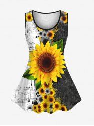 Plus Size Colorblock Sunflower Print Lace Back Tank Top -  