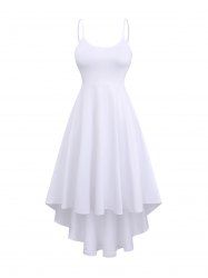 Plus Size Solid Ruched High Low Backless A Line Cami Dress (Adjustable Shoulder Strap) -  