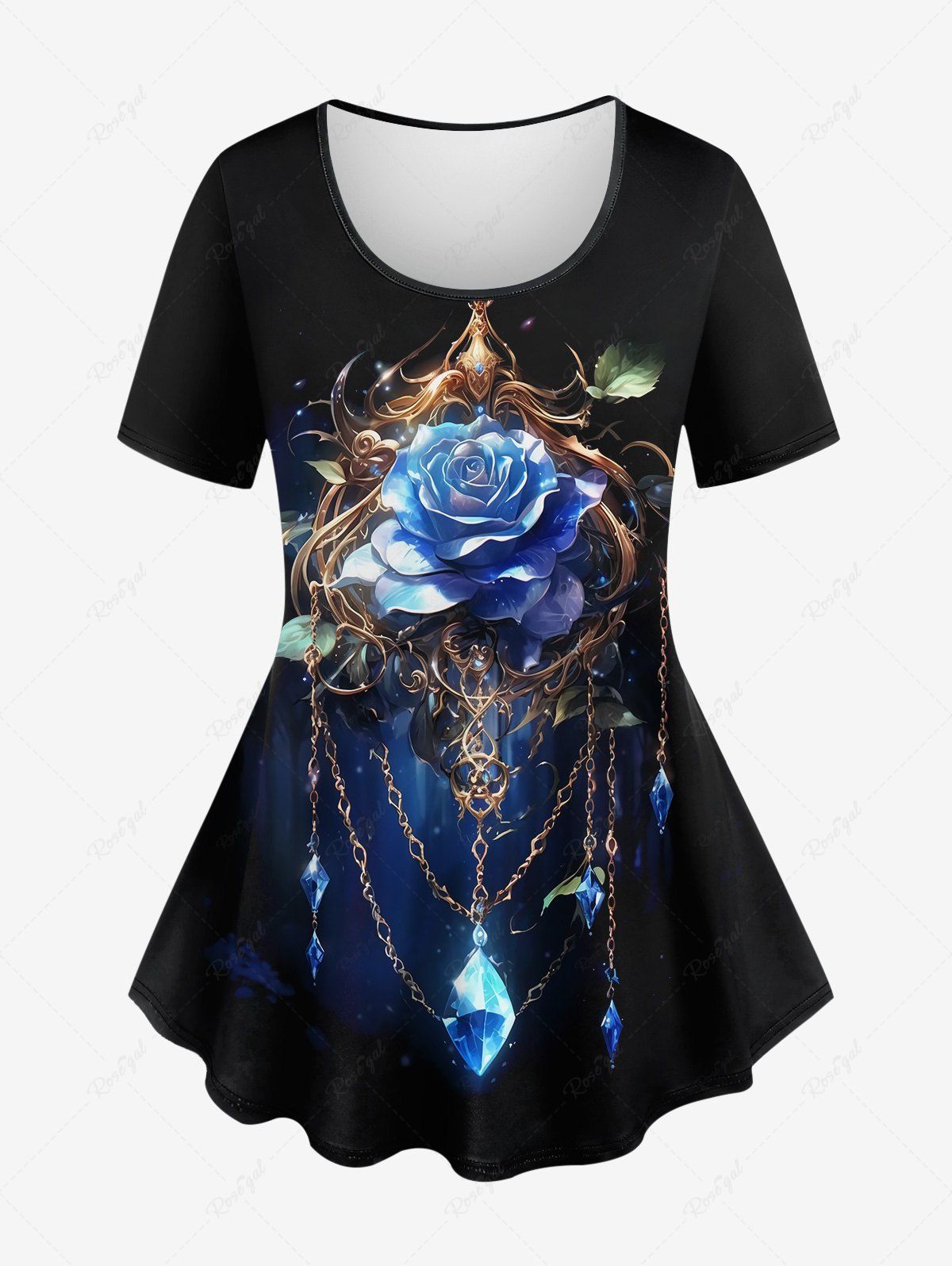 Fancy Plus Size Rose Flower Chains Diamond Tassel Glitter 3D Print T-shirt  