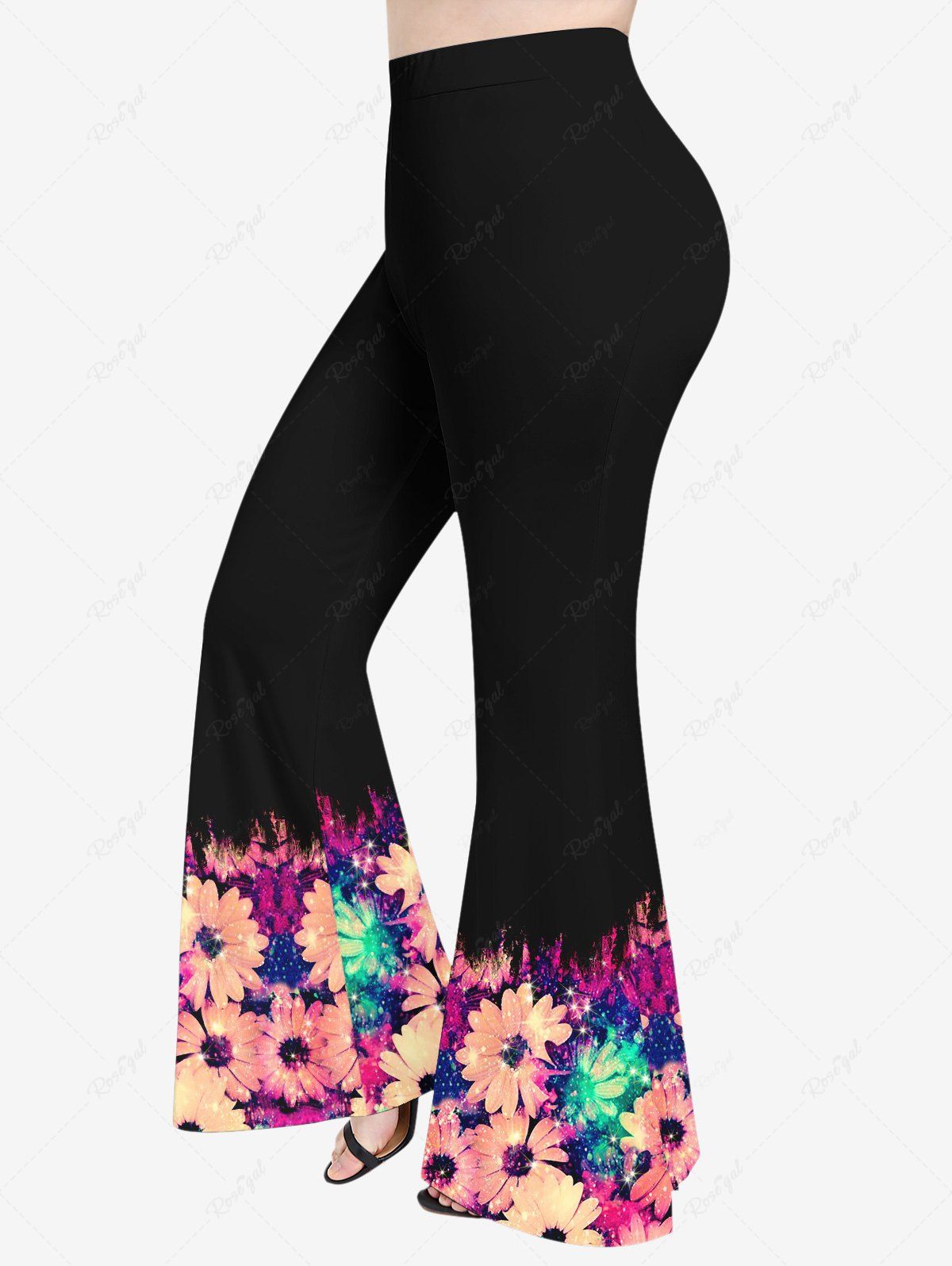Pantalon Évasé Imprimé à Fleurs Brillantes 3D Grande Taille Noir M