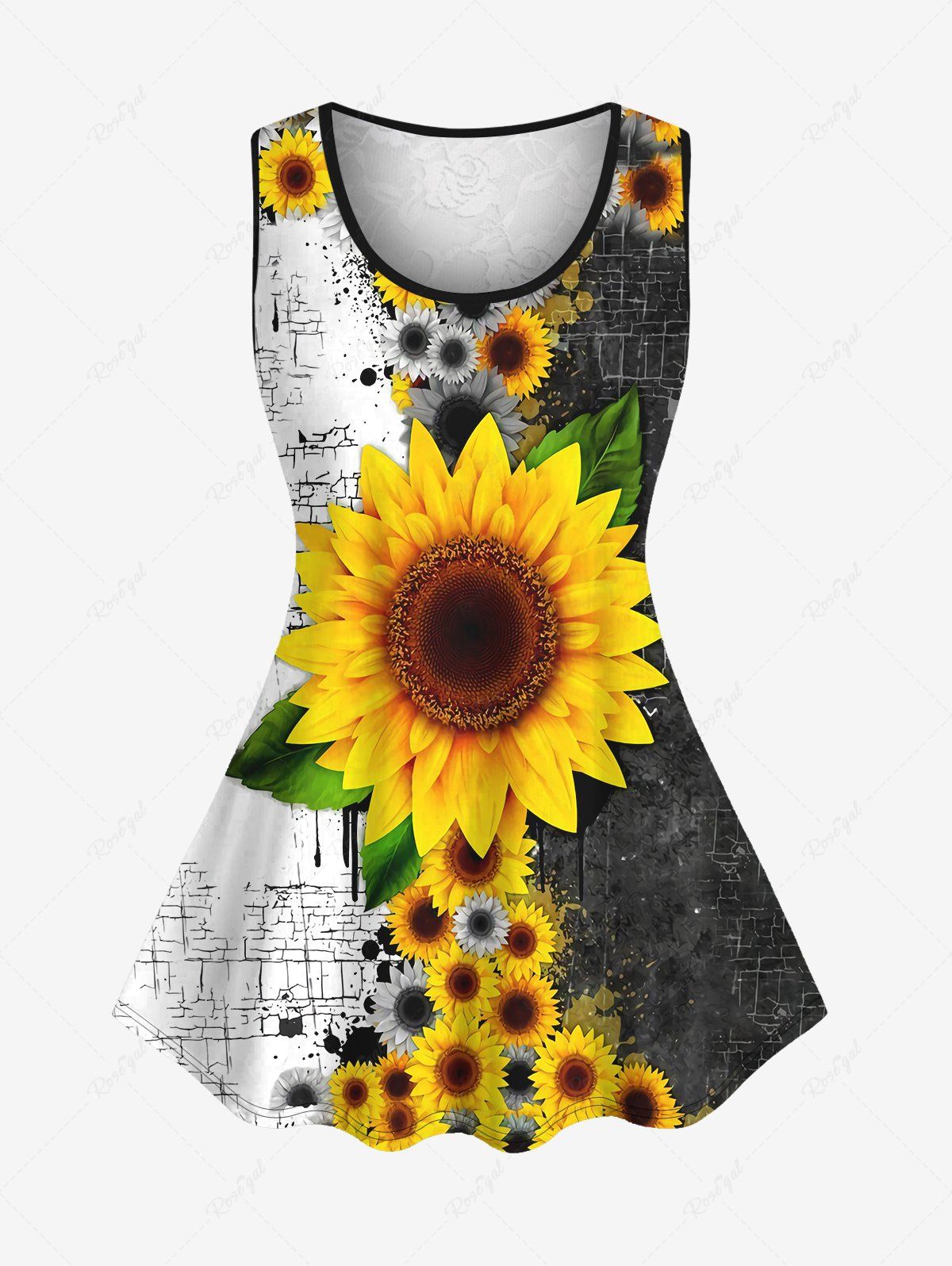 Latest Plus Size Colorblock Sunflower Print Lace Back Tank Top  