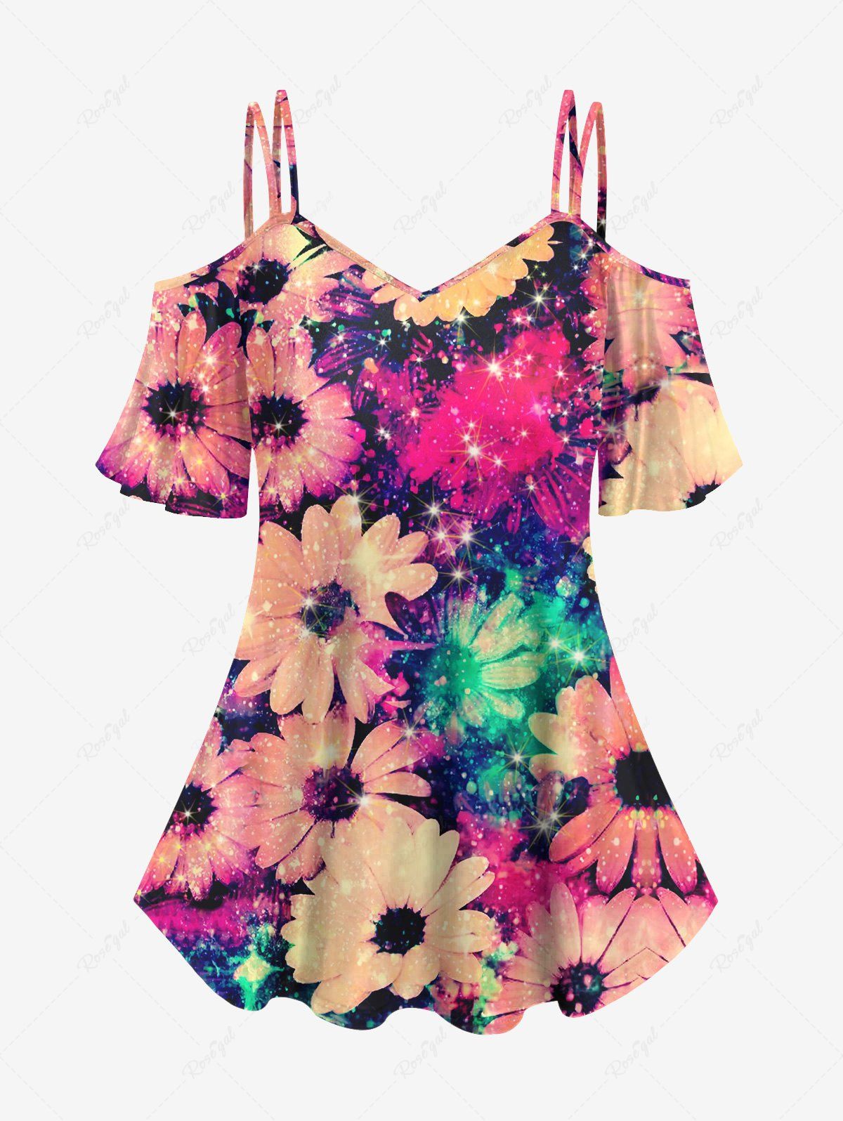 Trendy Plus Size Sunflowers Glitter 3D Print Cold Shoulder T-shirt  