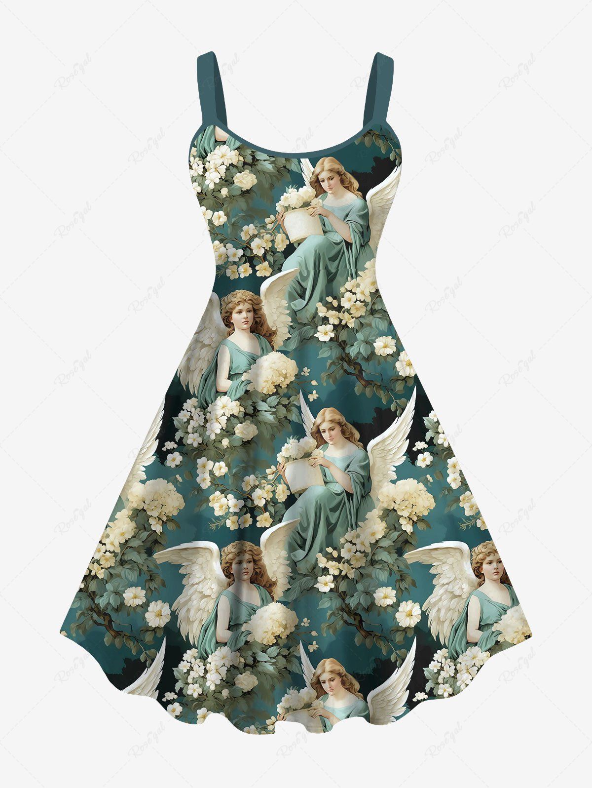 Affordable Plus Size Renaissance Angel Flower Wings Print Backless A Line Tank Dress  