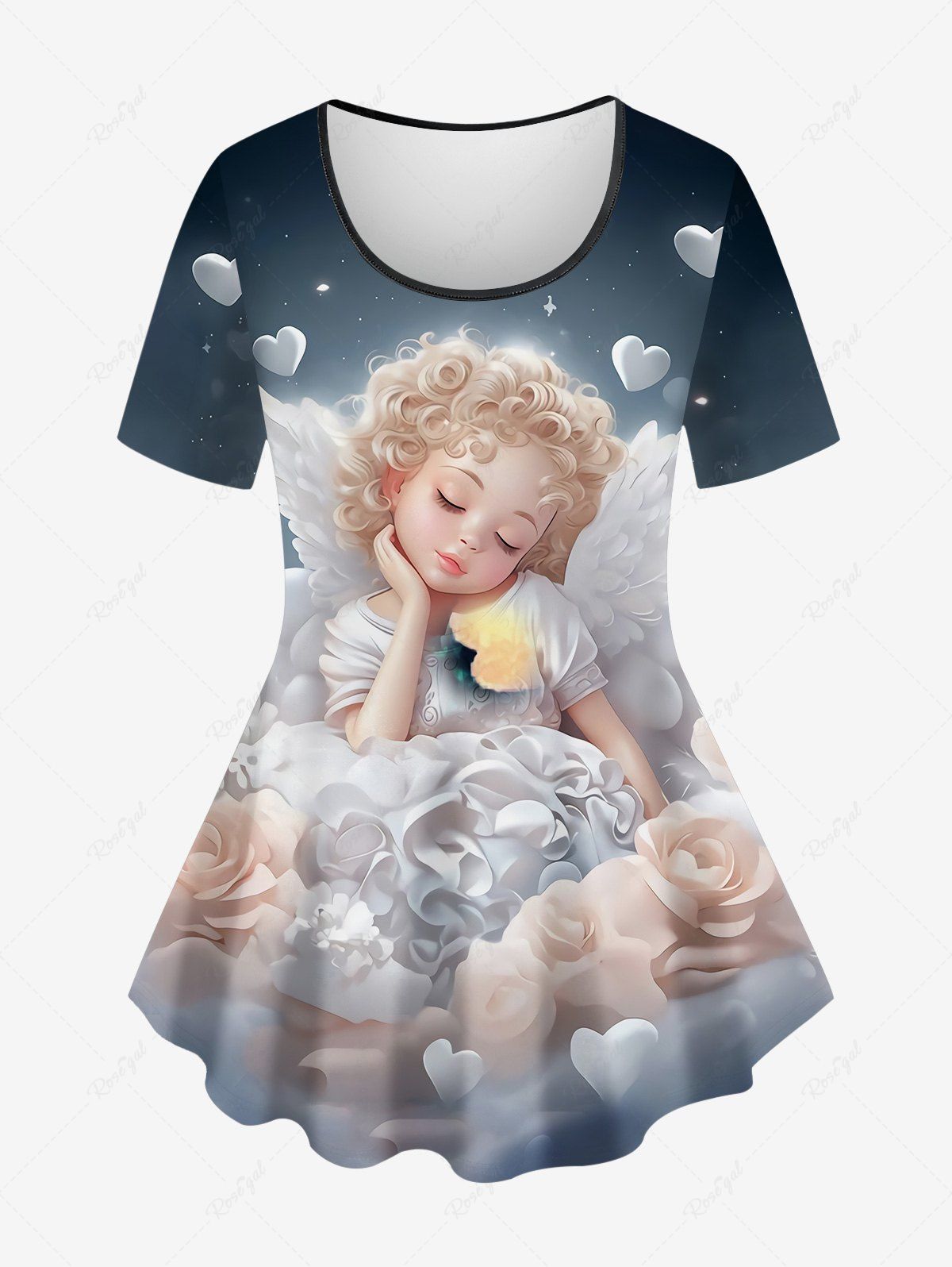 T-shirt Ombré Cœur Aile D'Ange et Fleur Imprimés en Blocs de Couleurs de Grande Taille Noir S