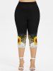 Plus Size Sunflowers Colorblock Print Capri Leggings -  