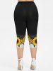 Plus Size Sunflowers Colorblock Print Capri Leggings -  
