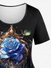 T-shirt 3D Rose Chaîne et Diamant Imprimés de Grande Taille à Paillettes - Noir L