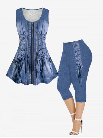 Grommets Lace-up Zippers Denim 3D Printed Rose Flower Lace Back Tank Top and Capri Leggings Plus Size Matching Set