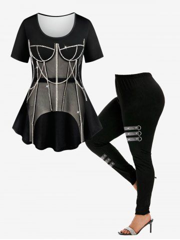 Chains Glitter Fitted Dress 3D Printed T-shirt and Rivet Leather Stripe 3D Printed Leggings Plus Size Outfit - BLACK