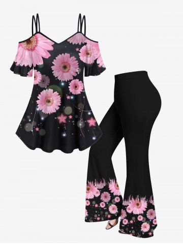 Sunflower Glitter Star Moon Galaxy Printed Cold Shoulder Cami T-shirt and Flare Pants Plus Size Matching Set