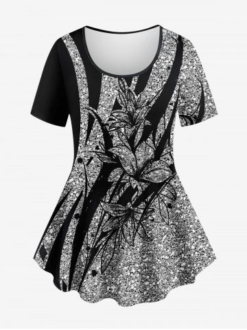 Plus Size Glitter Sequins Flower Print Short Sleeves T-shirt - BLACK - 1X