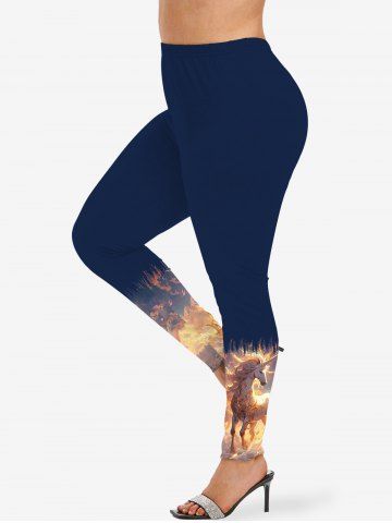 Plus Size Glitter Sunset Cloud Sea Unicorn Print Ombre Skinny Leggings - DEEP BLUE - 6X