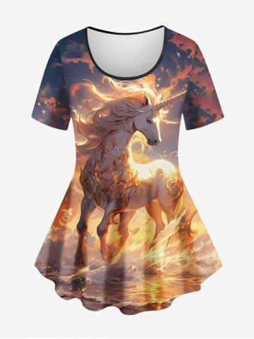 Plus Size Glitter Sunset Cloud Sea Unicorn Print Ombre T-shirt - DEEP BLUE - S