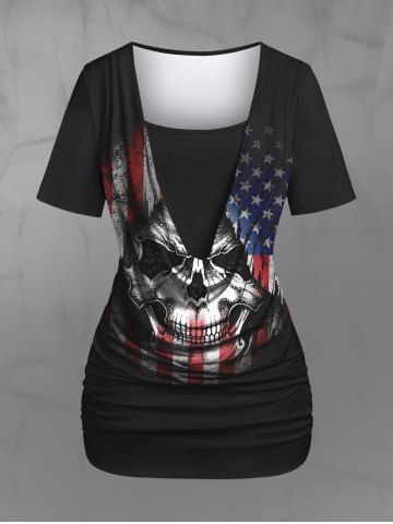 Gothic Cowl Neck Distressed Skull Patriotic American Flag Print Ruched 2 in 1 T-shirt - BLACK - XS