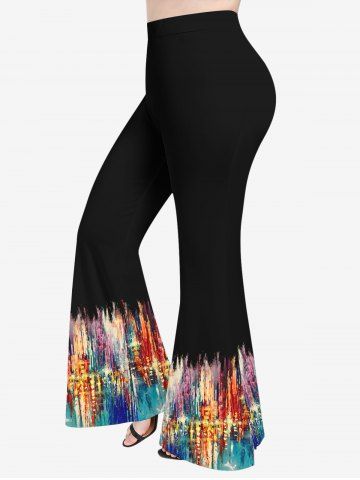 Plus Size Wash and Ink Painting Print Pull On Flare Pants - BLACK - S