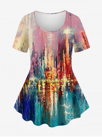 Plus Size Wash and Ink Painting Print Short Sleeves T-shirt - MULTI-A - 2X