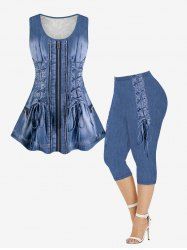 Grommets Lace-up Zippers Denim 3D Printed Rose Flower Lace Back Tank Top and Capri Leggings Plus Size Matching Set -  