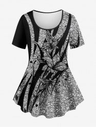 Plus Size Glitter Sequins Flower Print Short Sleeves T-shirt -  