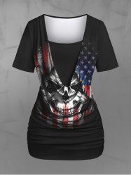 Gothic Cowl Neck Distressed Skull Patriotic American Flag Print Ruched 2 in 1 T-shirt -  