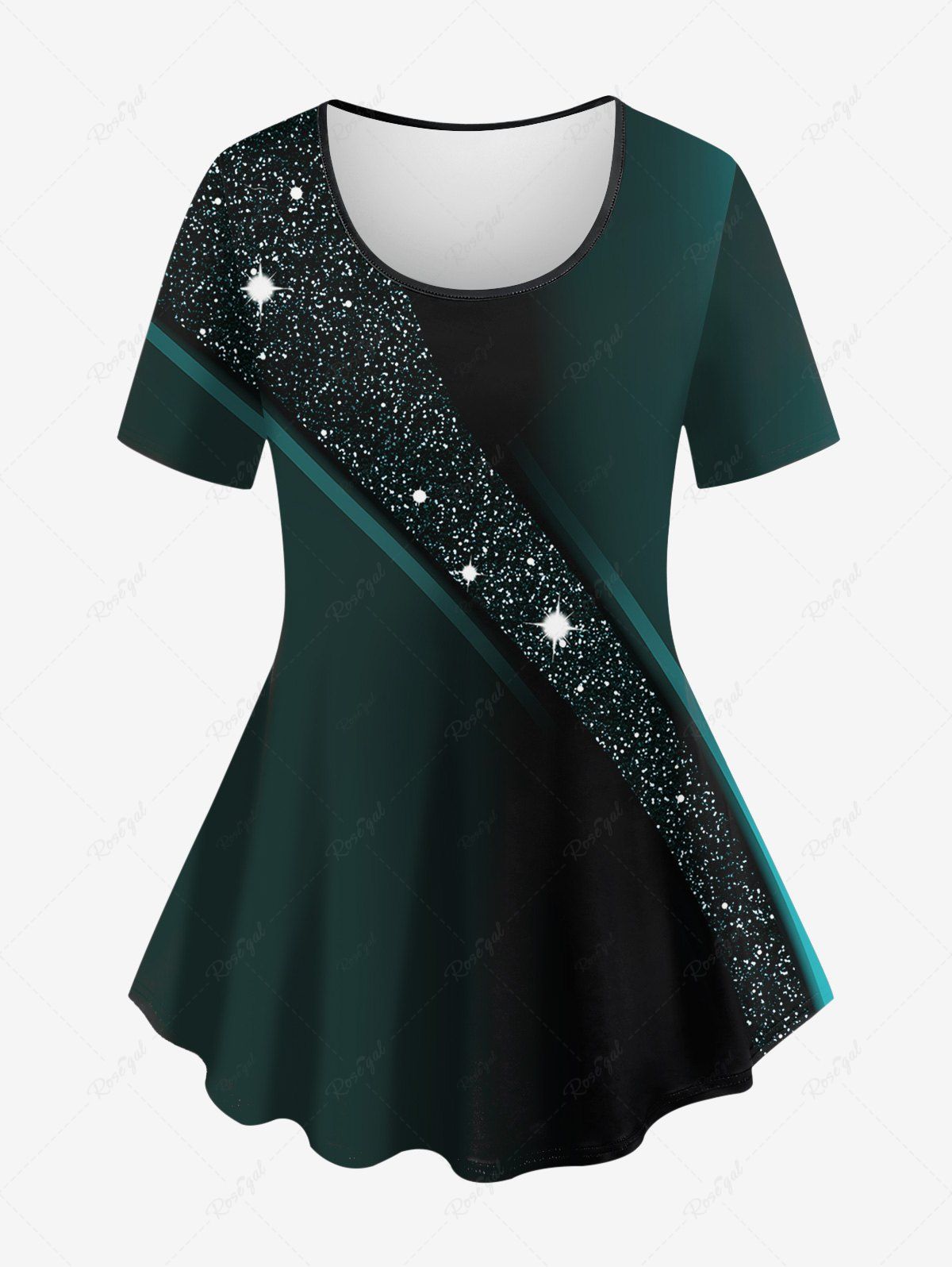 T-shirt Ombré Brillant Etoile Galaxie Imprimée de Grande Taille Noir 3X