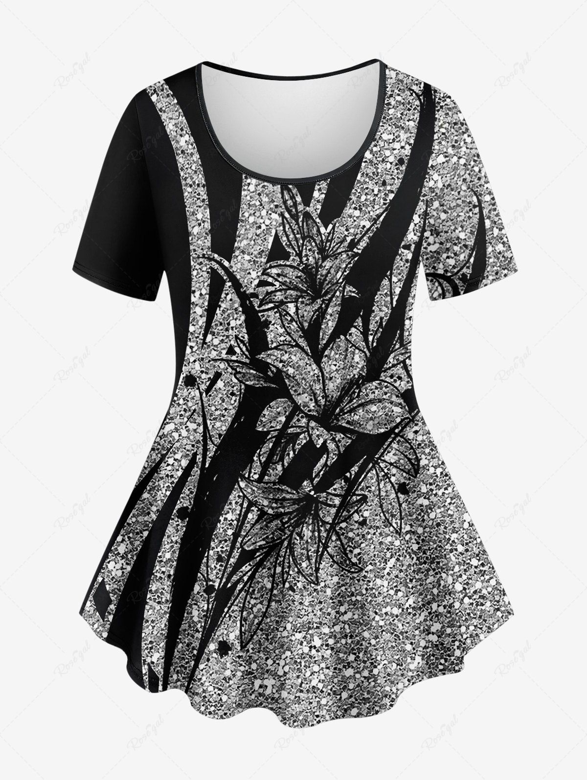 Fashion Plus Size Glitter Sequins Flower Print Short Sleeves T-shirt  