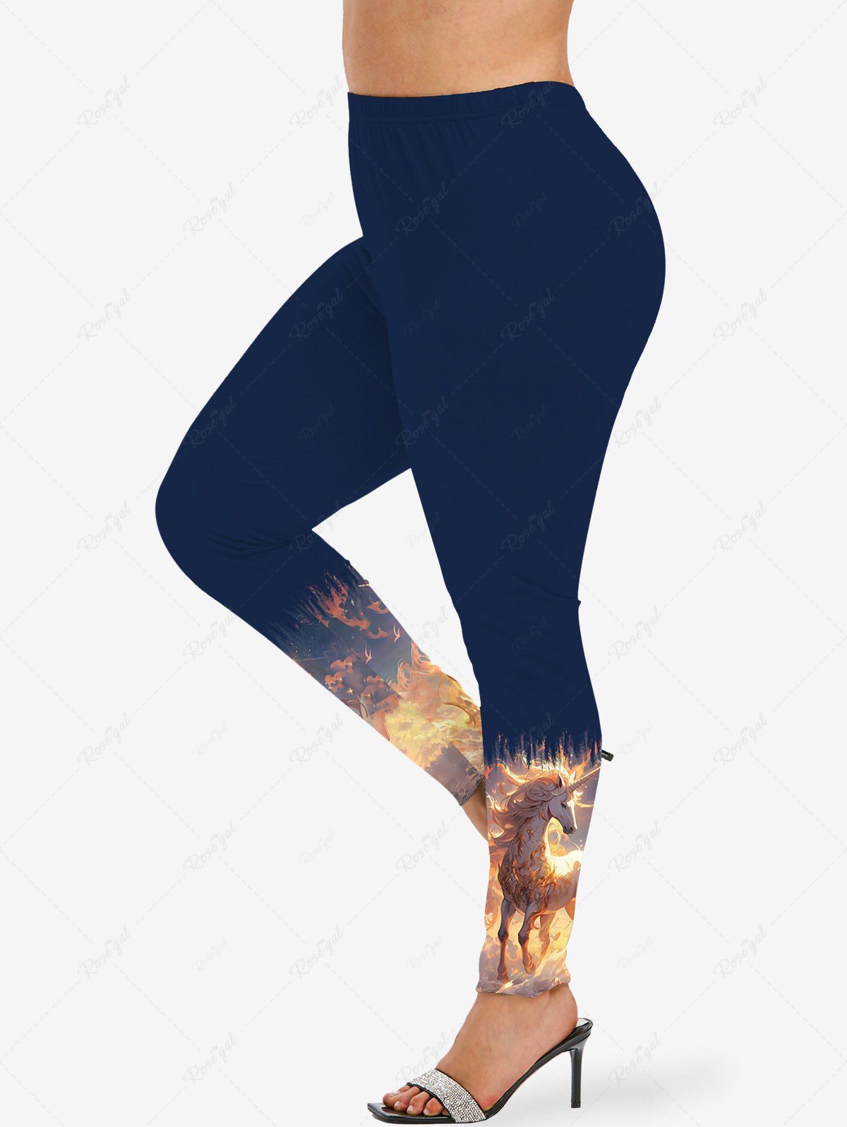 Legging Moulant Ombré Licorne et Coucher de Soleil Imprimés de Grande Taille à Paillettes Bleu profond M