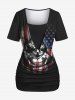 Gothic Cowl Neck Distressed Skull Patriotic American Flag Print Ruched 2 in 1 T-shirt -  