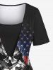 Gothic Cowl Neck Distressed Skull Patriotic American Flag Print Ruched 2 in 1 T-shirt -  