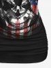 Gothic Cowl Neck Distressed Skull Patriotic American Flag Print Ruched 2 in 1 T-shirt -  