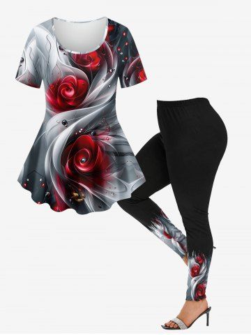 3D Ombre Light Beam Rose Flower Dew Printed Short Sleeves T-shirt and Skinny Leggings Plus Size Matching Set - GRAY
