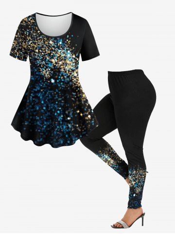 Sparkling Sequin Glitter 3D Printed T-shirt and Leggings Plus Size Matching Set - BLACK
