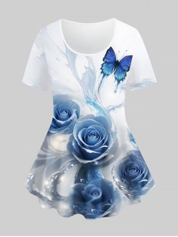 Plus Size 3D Flowing Water Rose Flower Butterfly Print T-shirt - WHITE - 1X