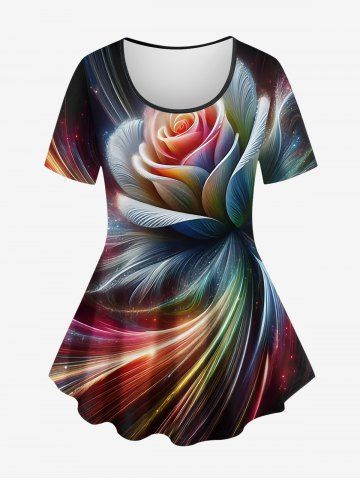 Plus Size Glitter Galaxy Rose Flower Print Ombre T-shirt - BLACK - 1X