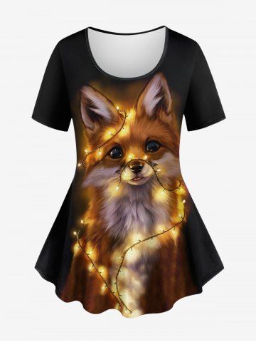 Plus Size Glitter Coloured Light Dog Print Short Sleeves T-shirt - BLACK - M