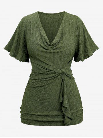 Plus Size Twist Ruffles Ruched Ribbed Textured Cowl Neck Top - DEEP GREEN - M | US 10