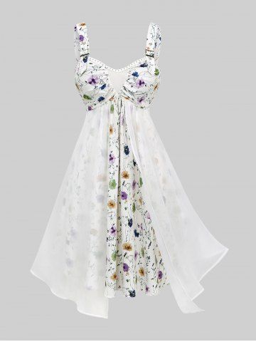 Plus Size Watercolor Flower Print Ruched Rivet Trim Buckle Chiffon Asymmetrical Tank Dress - WHITE - L | US 12