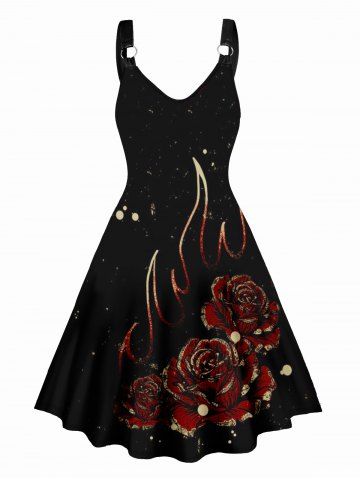 Galaxy Floral Flame Print V Neck O Ring Dress - BLACK - XXL | US 12