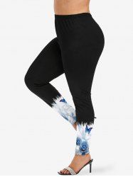 Plus Size Flowing Water Rose Flower Butterfly Print Skinny Leggings -  