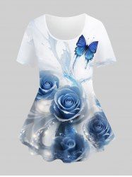 T-shirt Imprimé à Papillon et Rose 3D Grande Taille - Blanc XS