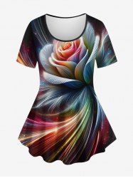 Plus Size Glitter Galaxy Rose Flower Print Ombre T-shirt -  