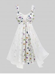 Plus Size Watercolor Flower Print Ruched Rivet Trim Buckle Chiffon Asymmetrical Tank Dress -  