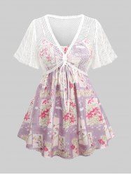 Plus Size Flower Leaf Scarf Print Ruched Cami Top And Cinched Lace Trim Fishnet Crop Top Blouse Set -  