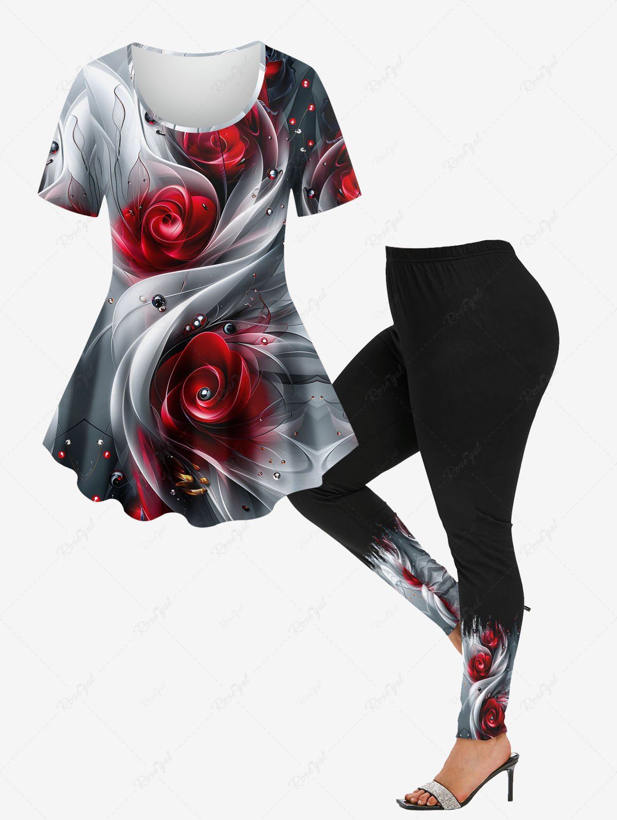 Shop 3D Ombre Light Beam Rose Flower Dew Printed Short Sleeves T-shirt and Skinny Leggings Plus Size Matching Set  