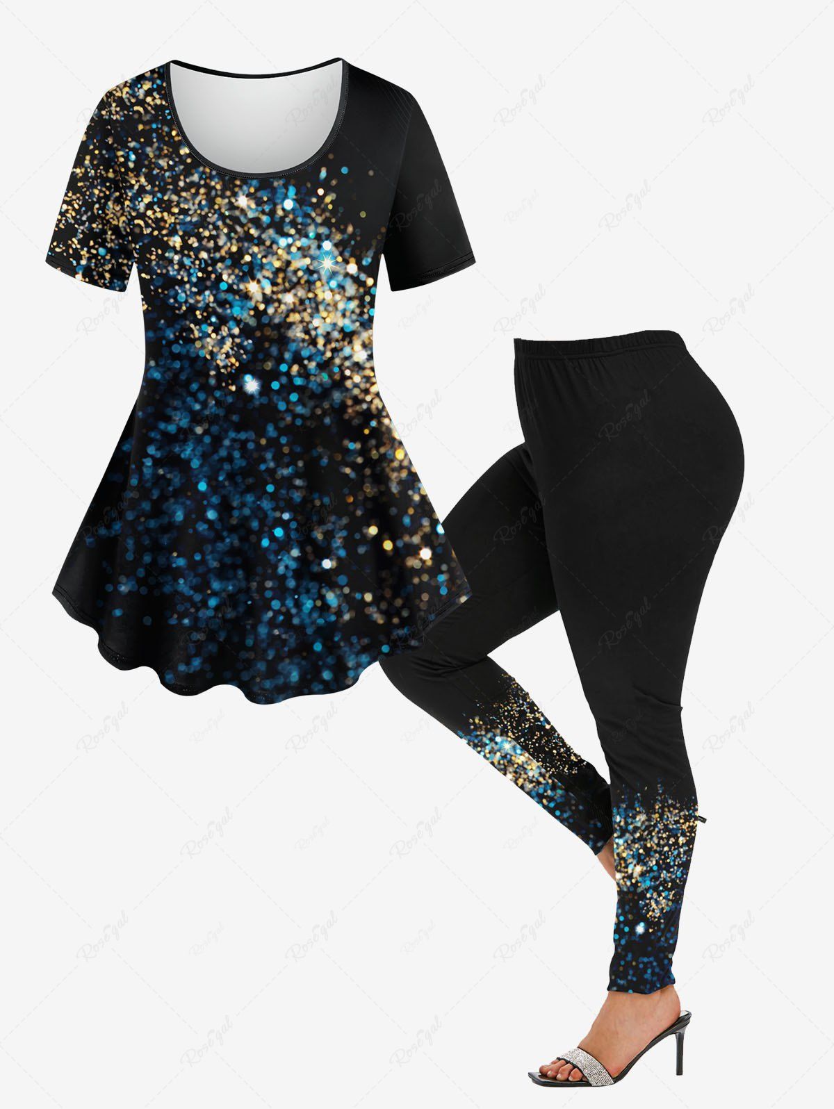 Sale Sparkling Sequin Glitter 3D Printed T-shirt and Leggings Plus Size Matching Set  