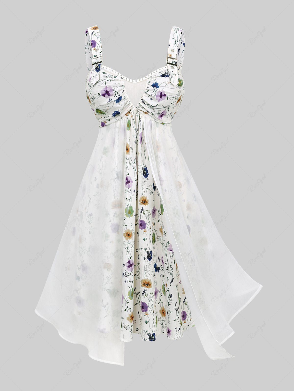 Latest Plus Size Watercolor Flower Print Ruched Rivet Trim Buckle Chiffon Asymmetrical Tank Dress  