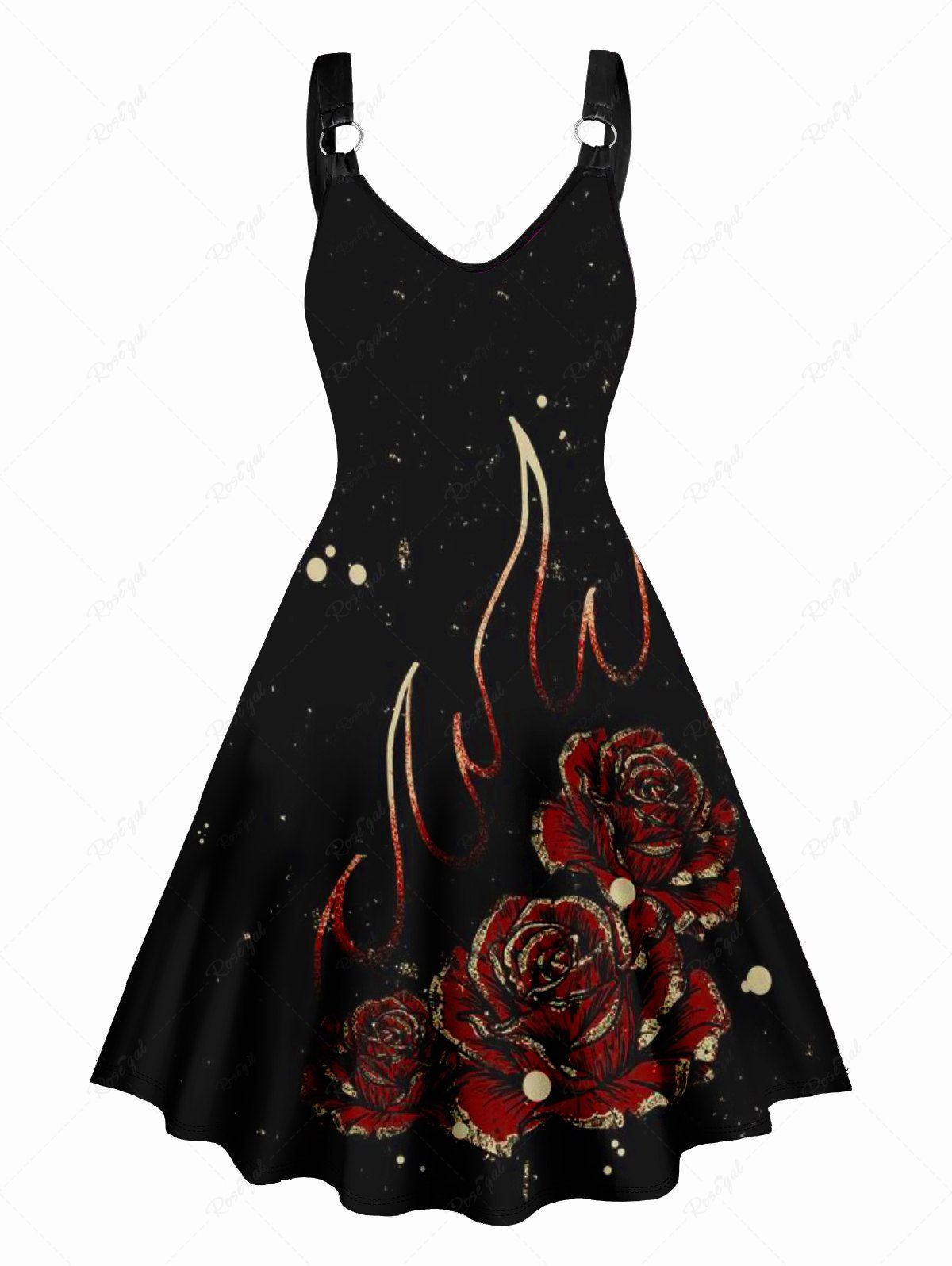 Affordable Galaxy Floral Flame Print V Neck O Ring Dress  