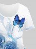 Plus Size 3D Flowing Water Rose Flower Butterfly Print T-shirt -  