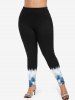 Plus Size Flowing Water Rose Flower Butterfly Print Skinny Leggings -  